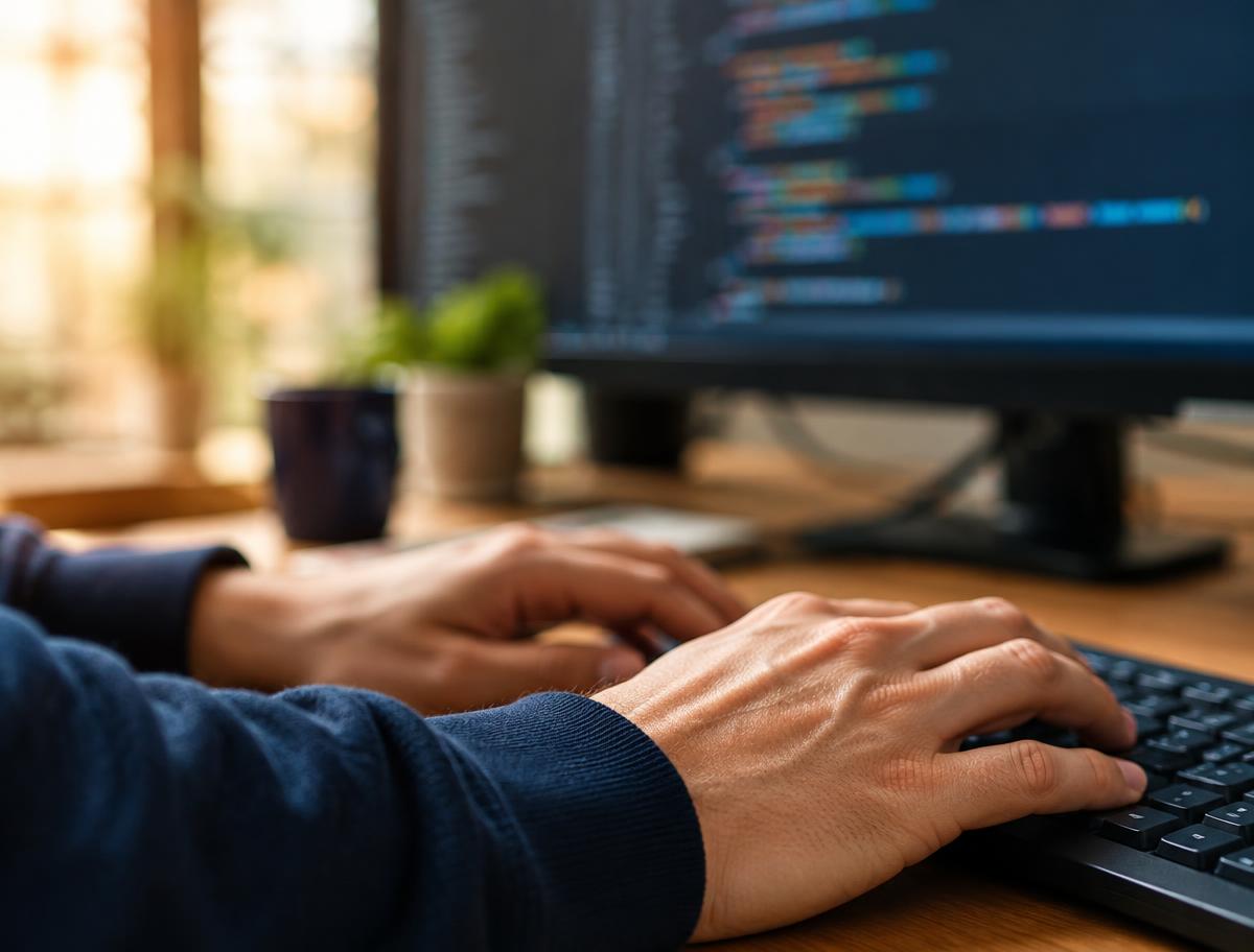 Developer typing on a keyboard in front of a monitor showing source code
